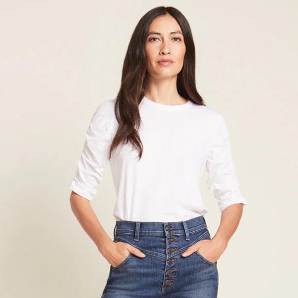 White Veronica Beard Waldorf Ruched-Sleeve Tee XS